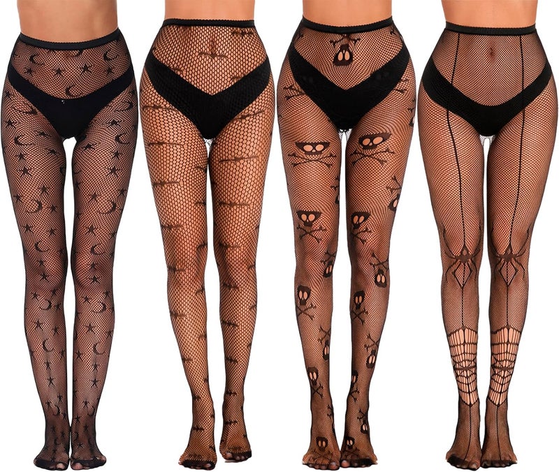 QZUnique Halloween Fishnet Stockings Tights for women - Halloween High Waist Tights,Skull Spiderweb Lace Fishnet Stockings - Image 1